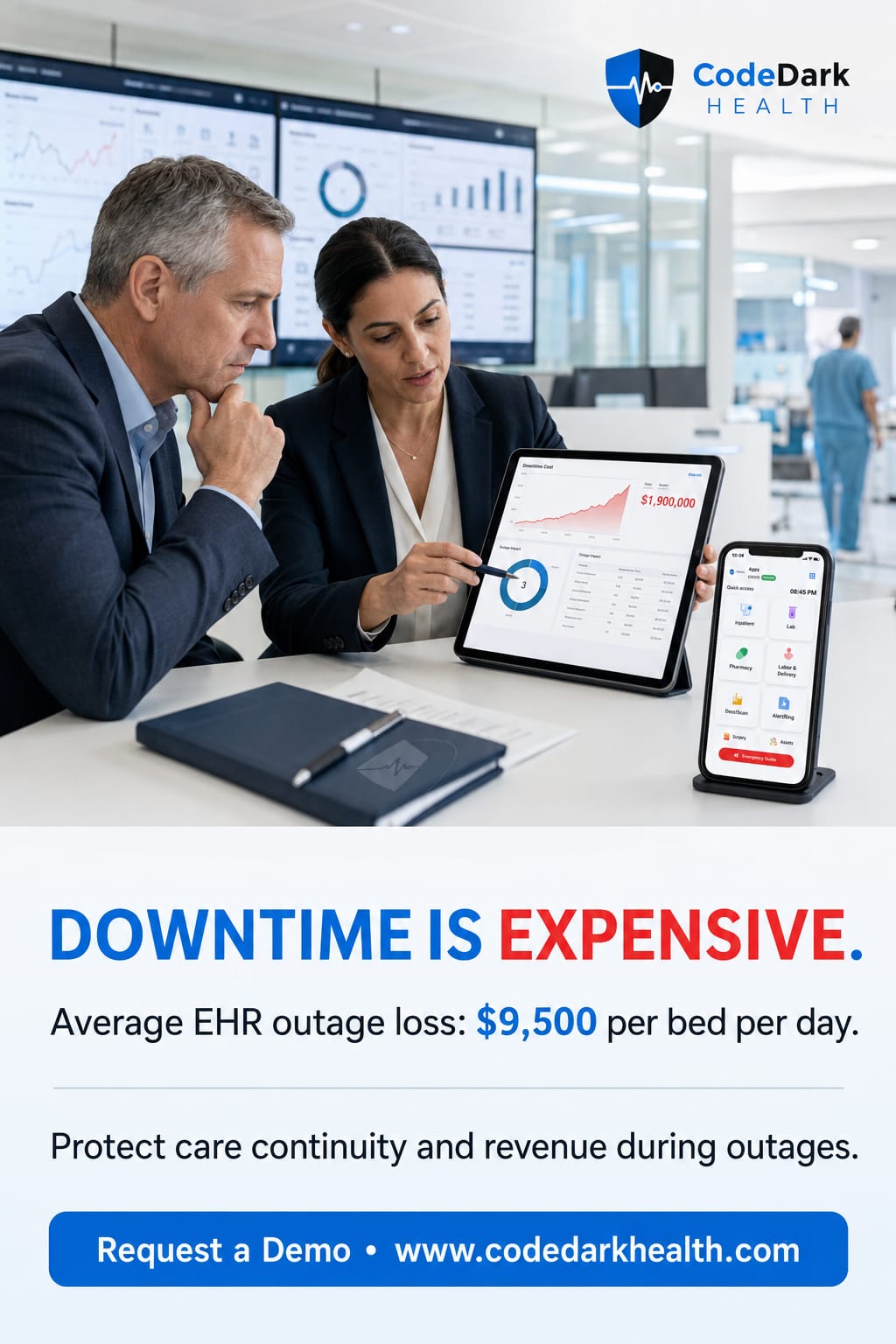 Hospital leaders reviewing the financial cost of EHR and network downtime