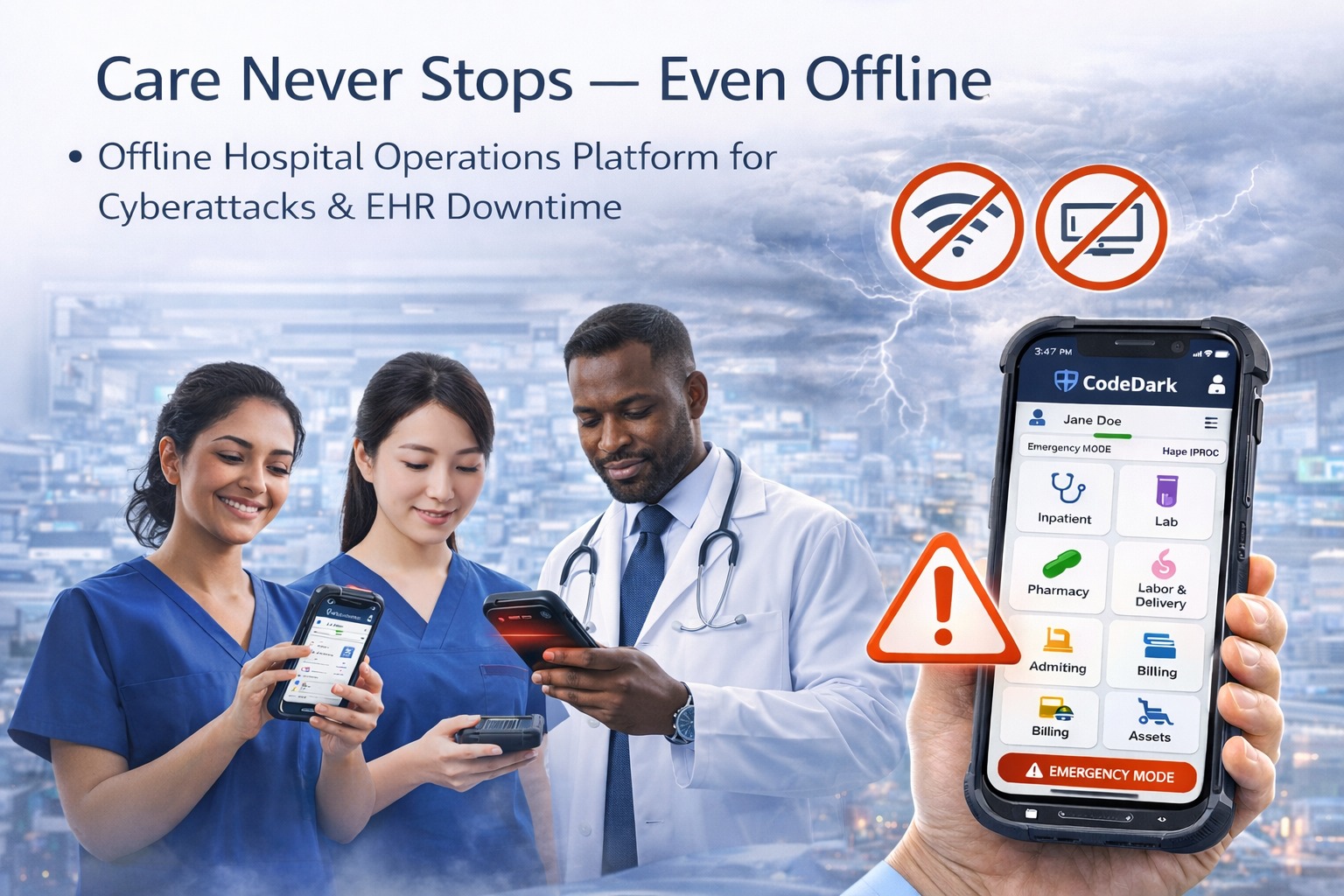 Hospital care team maintaining clinical operations while connected systems are offline
