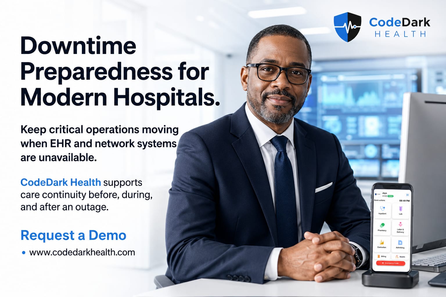 Hospital executive reviewing downtime preparedness and clinical continuity planning